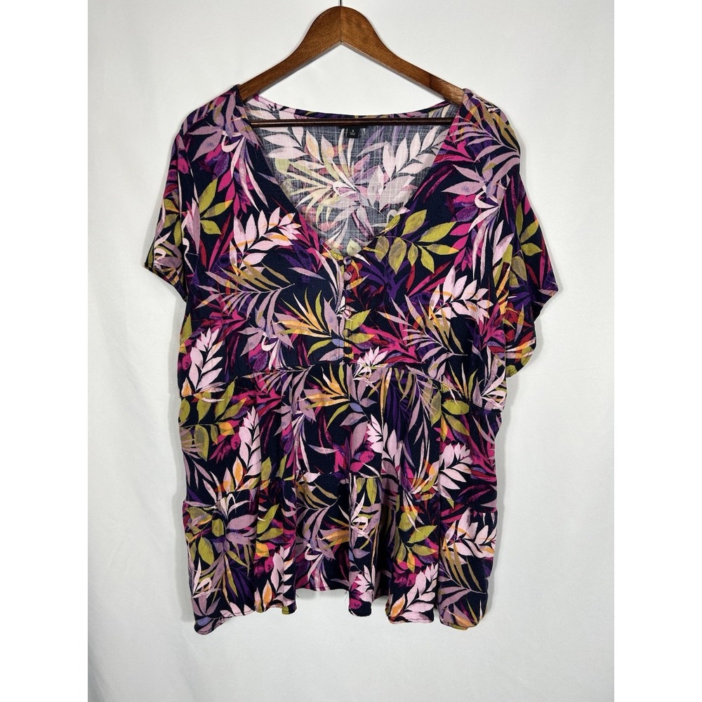 Torrid Plus Size 3 V Neck Tiered Boho Tropical Leaf Print Short Sleeve Top Beach